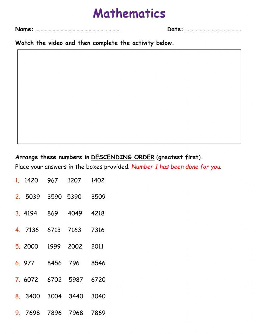 Comparing Numbers - Descending Order worksheet | Live Worksheets