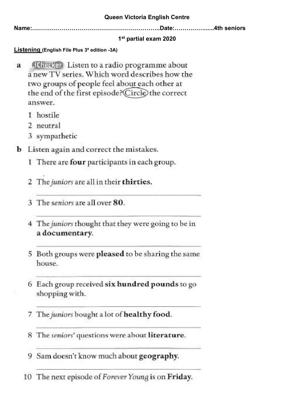 4th Seniors  1st partial Listening