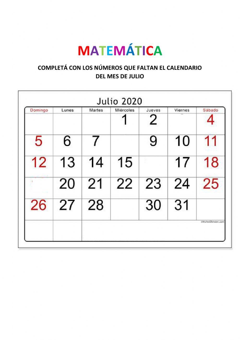 Calendario del mes de julio