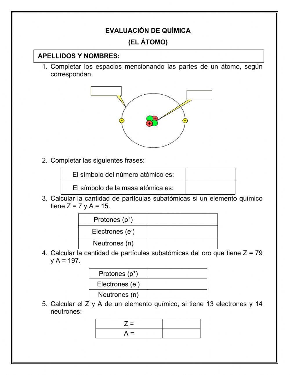 Evaluación (El átomo)