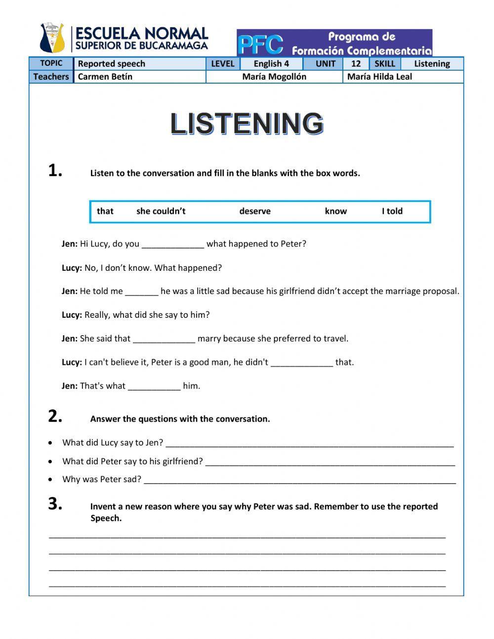 reported speech listening exercise