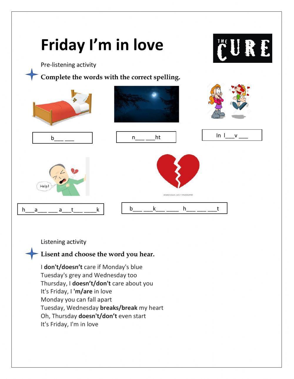 The cure - Friday, I´m in love. Letra de Música e atividade Pedagógica