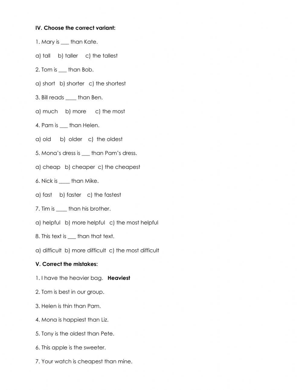 Superlative adjective grade 4 excercise