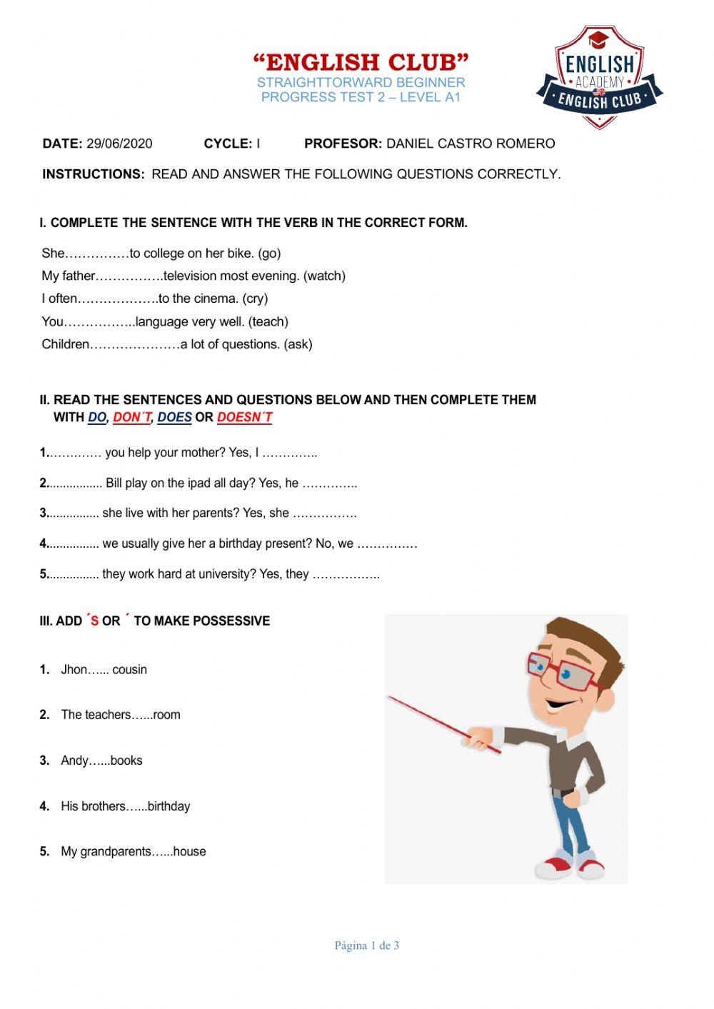 II Examen de Inglés A1 - Cycle I.