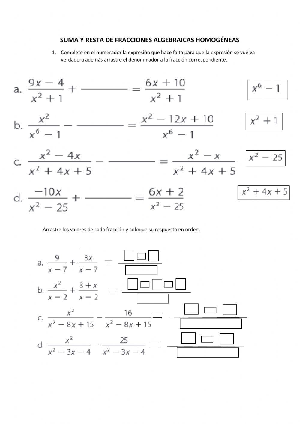 Suma y resta de fracciones algebraicas