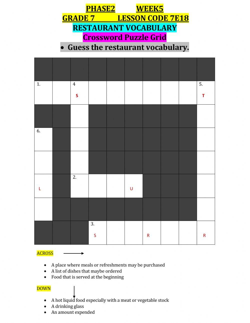 Restaurant vocabulary lesson code(7E18) Grade7