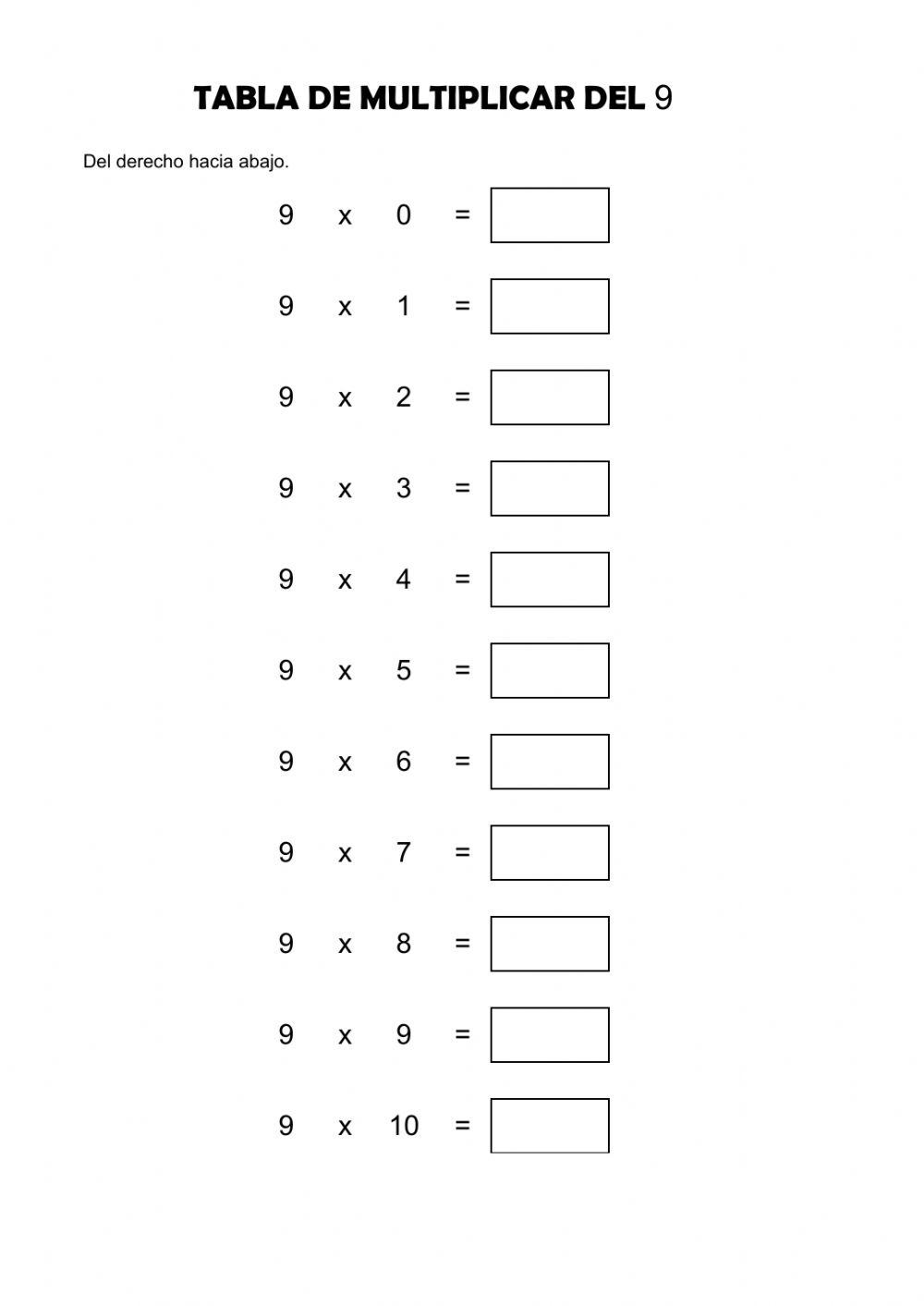 Tabla del 9 del derecho hacia abajo