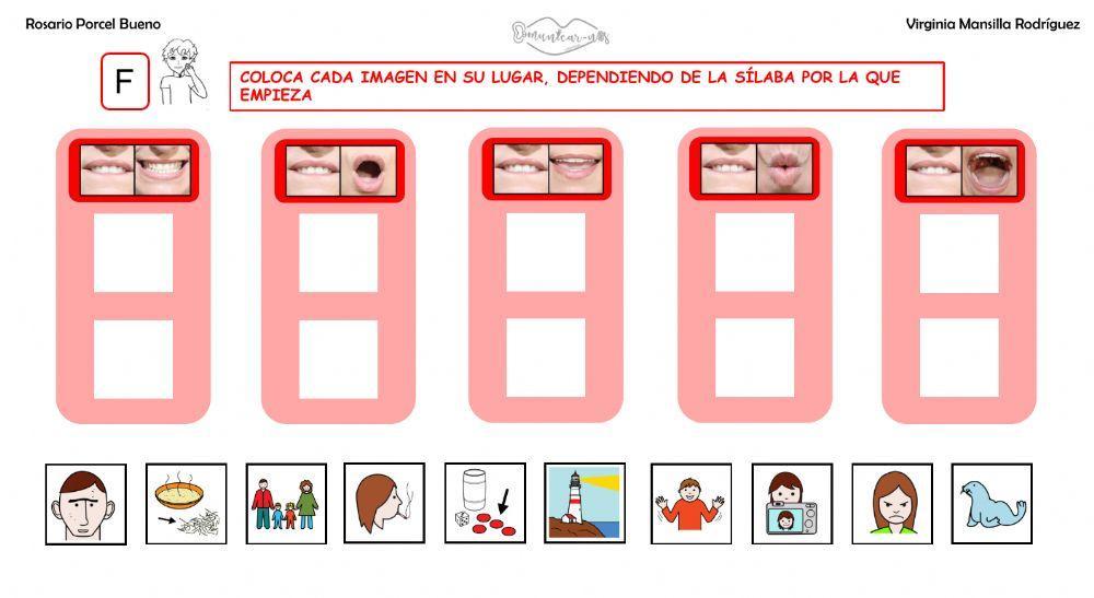 Clasificar sílabas con sonido F inicial en palabras, con articulemas.