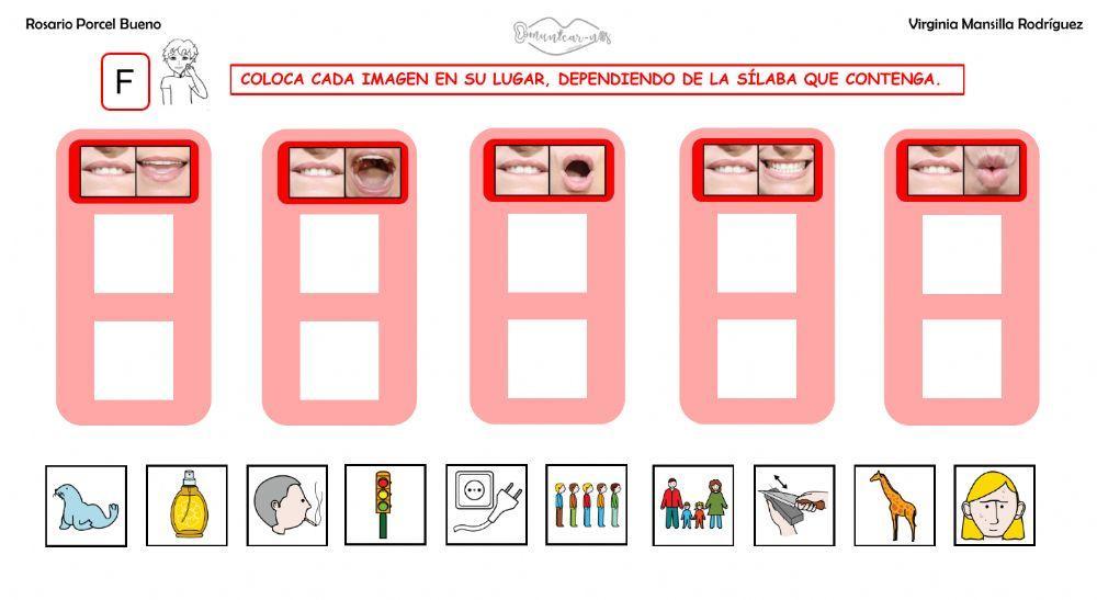 Clasificar sílabas con sonido F en palabras, con articulemas.