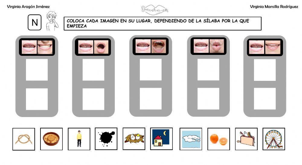 Clasificar sílabas con sonido N inicial en palabras, con articulemas.