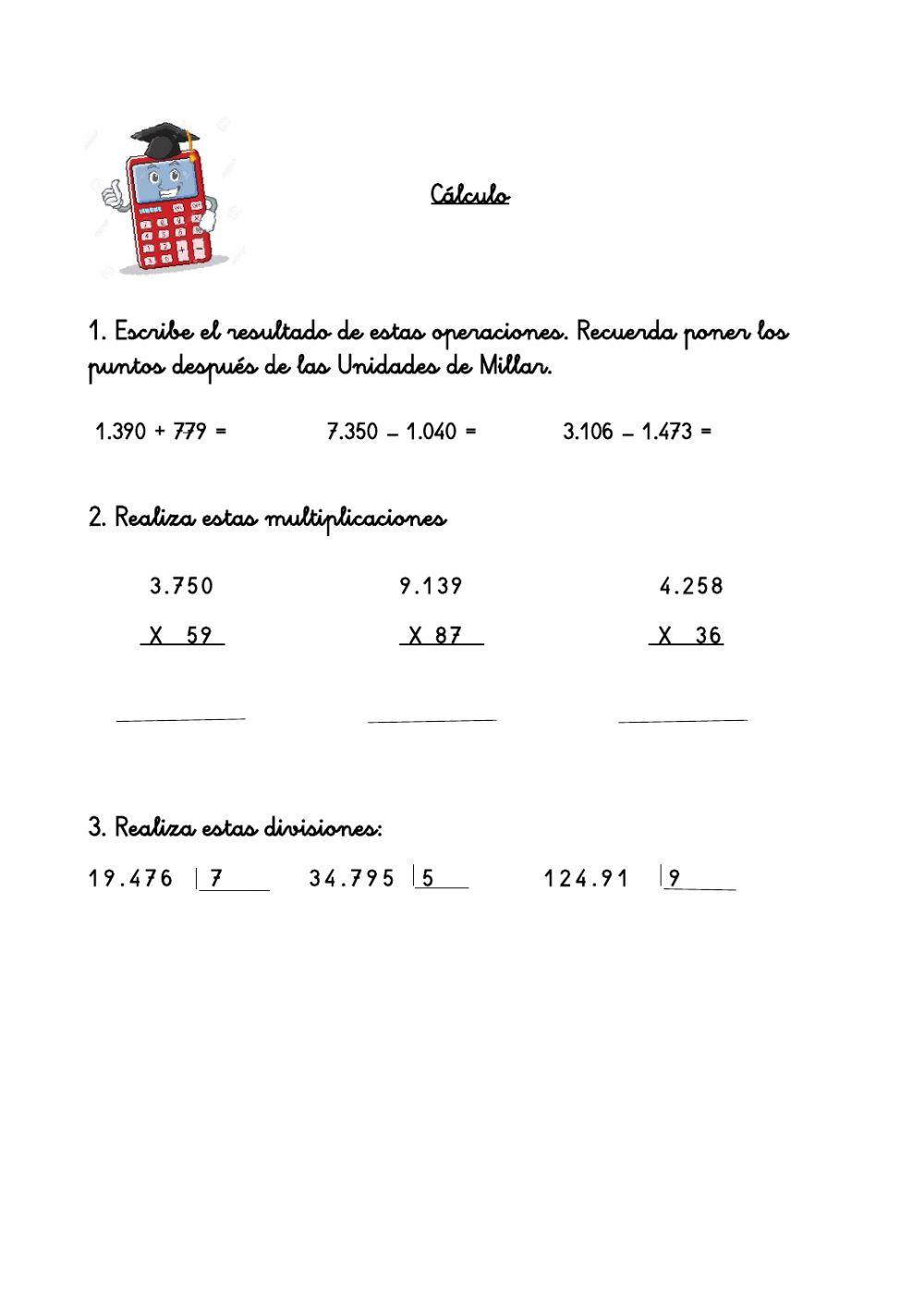 Cálculo sumas, restas, multiplicación y división