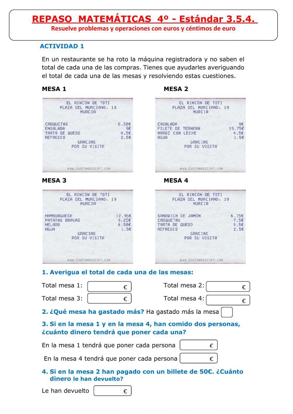 Estándar 354-Resuelve problemas con euros y céntimos de euro