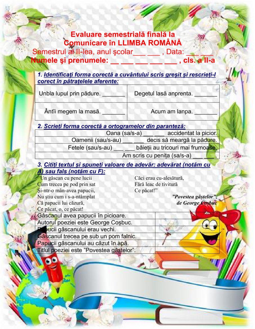 Evaluare finala semestriala CLR, cls II, semestrul al II-lea
