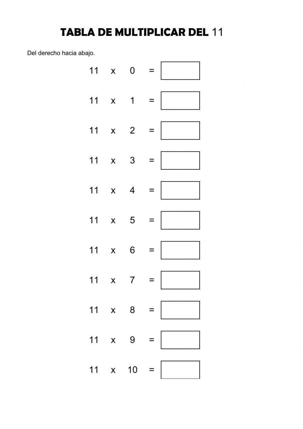 Tabla del 11 del derecho hacia abajo
