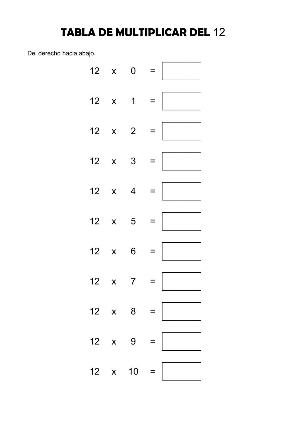Tabla del 12 del derecho hacia abajo