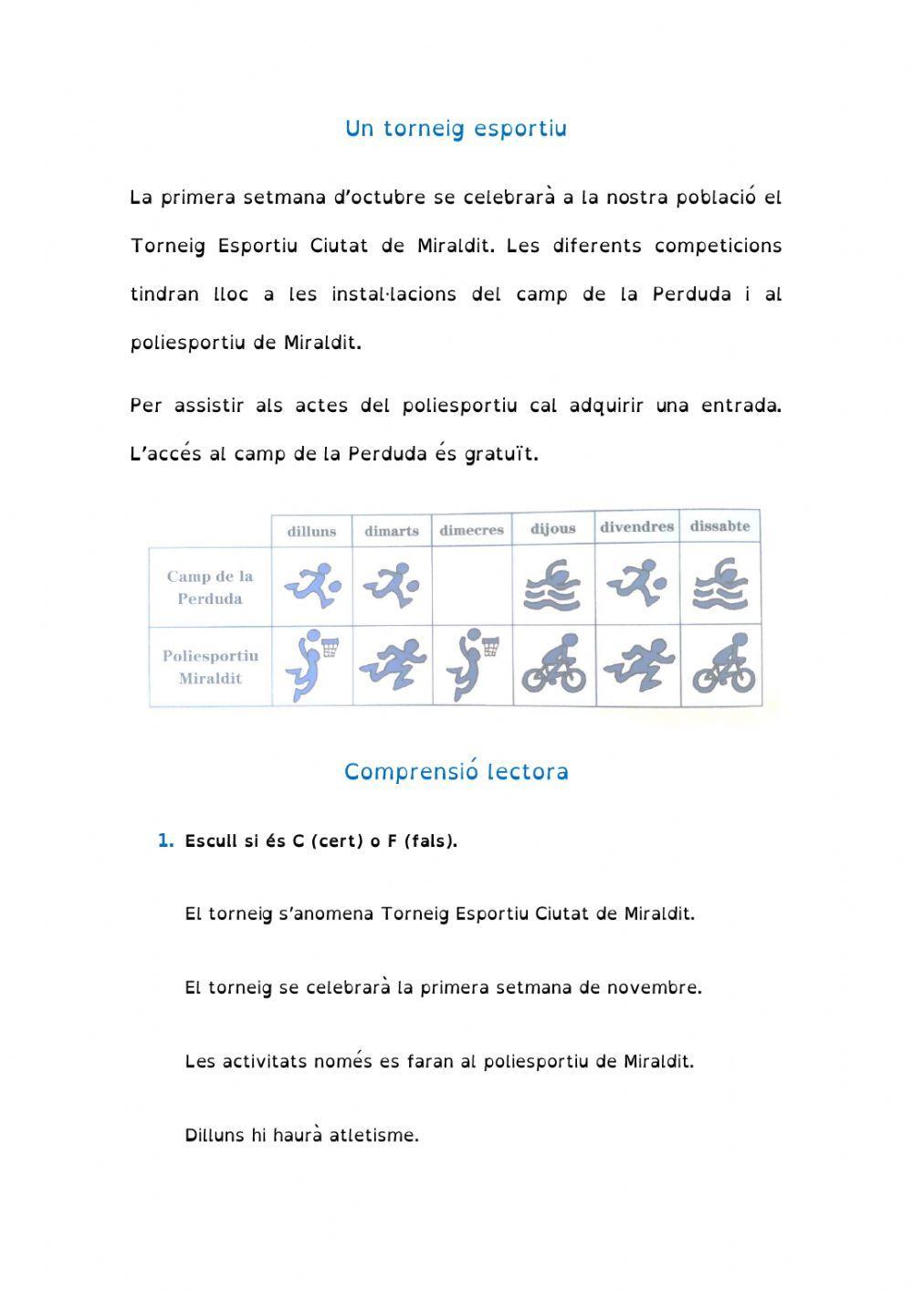 Comprensió lectora:Un torneig esportiu