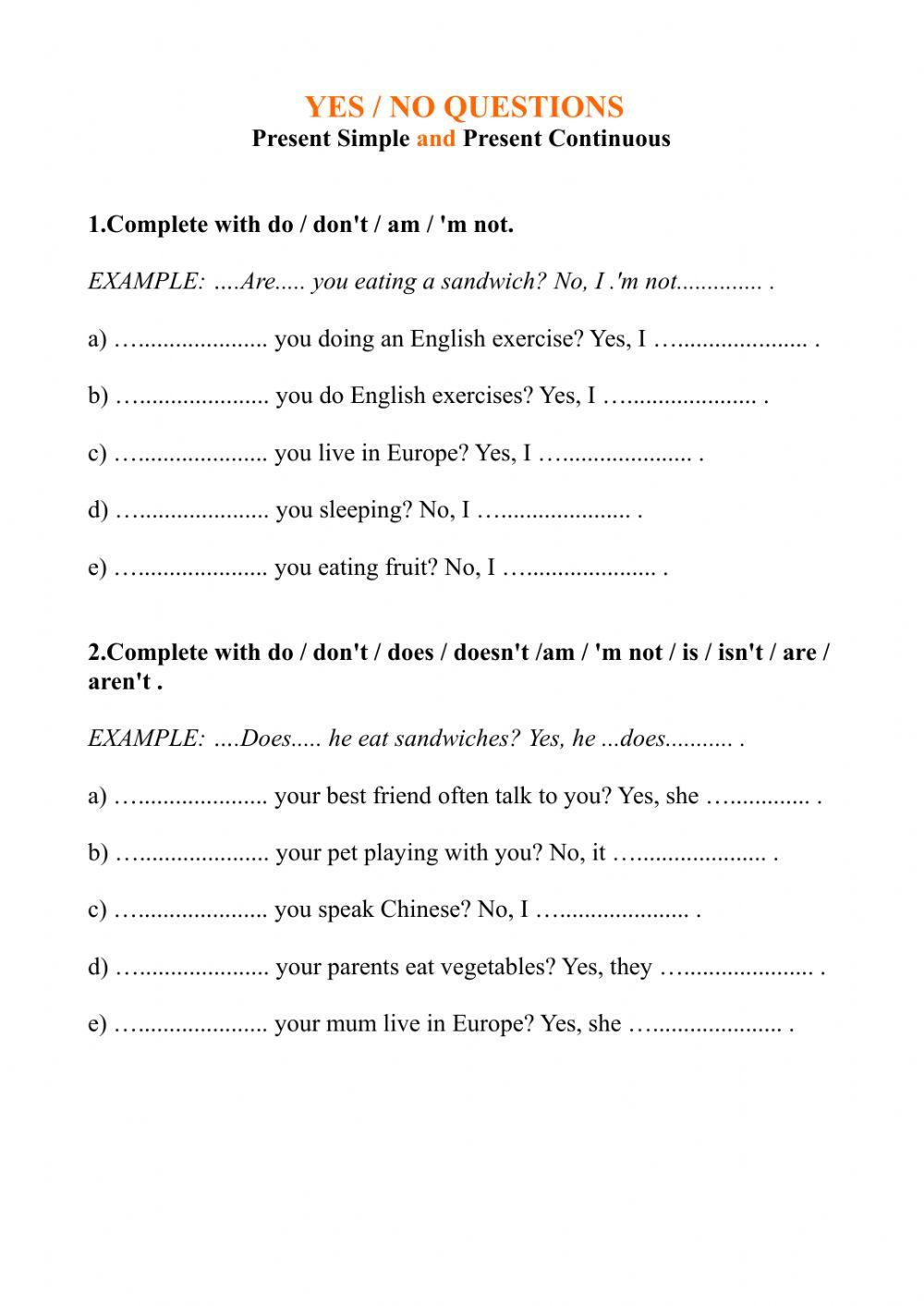 Yes - No questions online exercise for | Live Worksheets