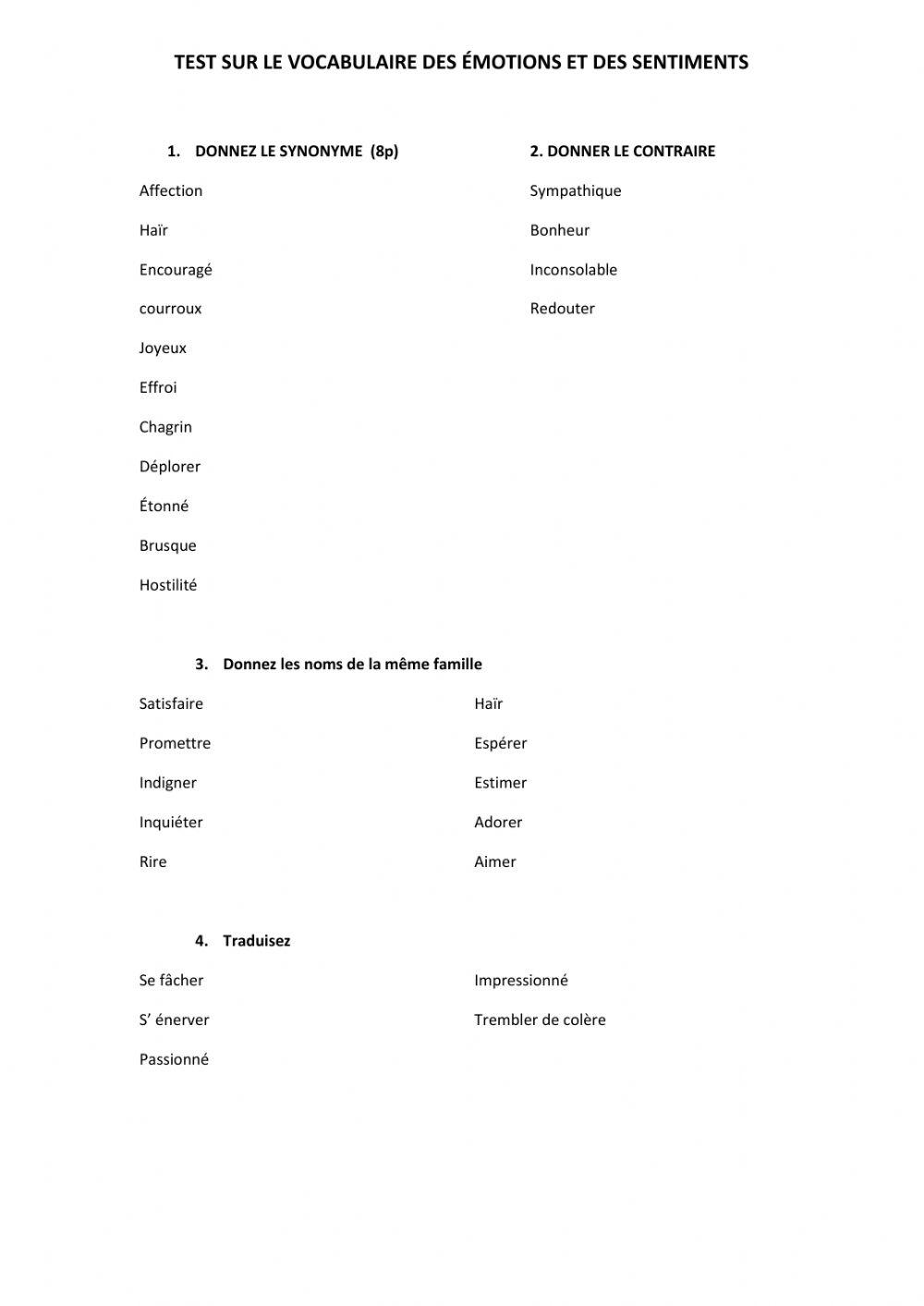 Vocabulaire des émotions et des sentiments