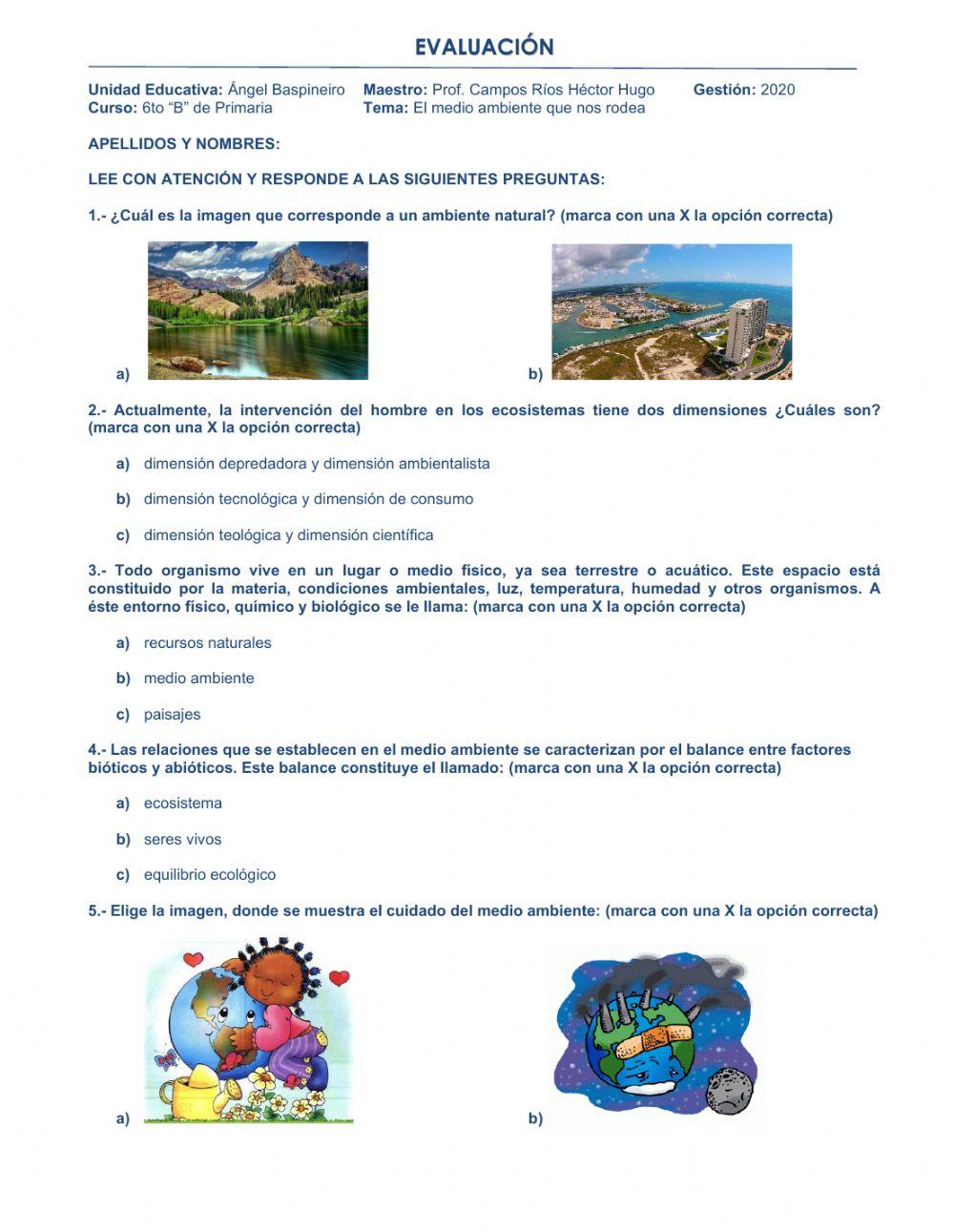 Evaluacion -el medio ambiente-para 6to de primaria
