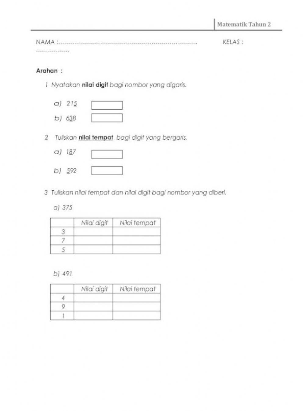 Nilai tempat dan nilai digit tahun 2