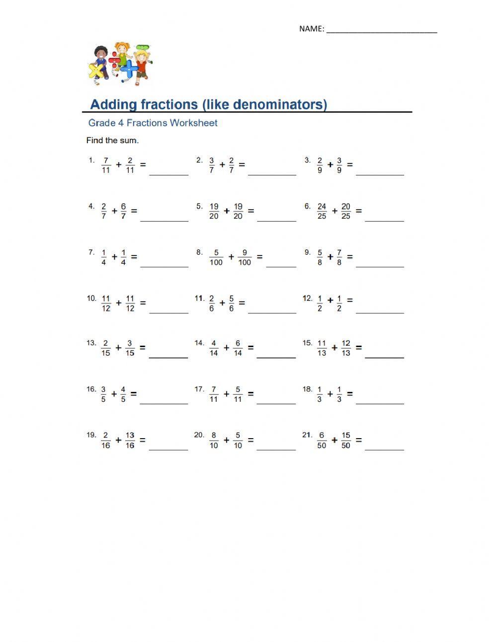 Adding Fractions - Like Denominators worksheet | Live Worksheets