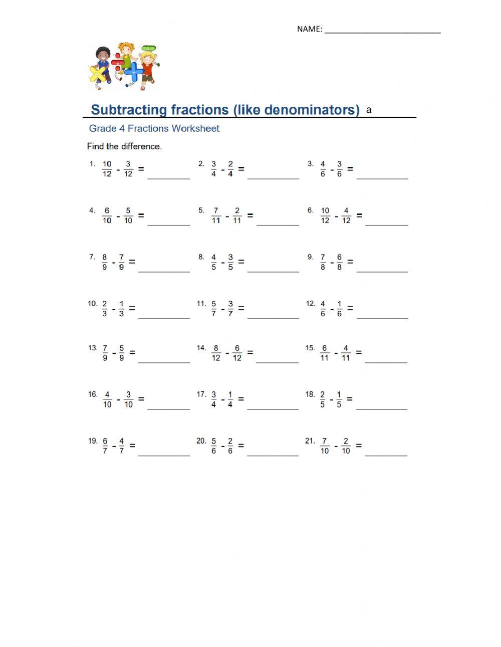 Subtracting Fractions - Like Denominators