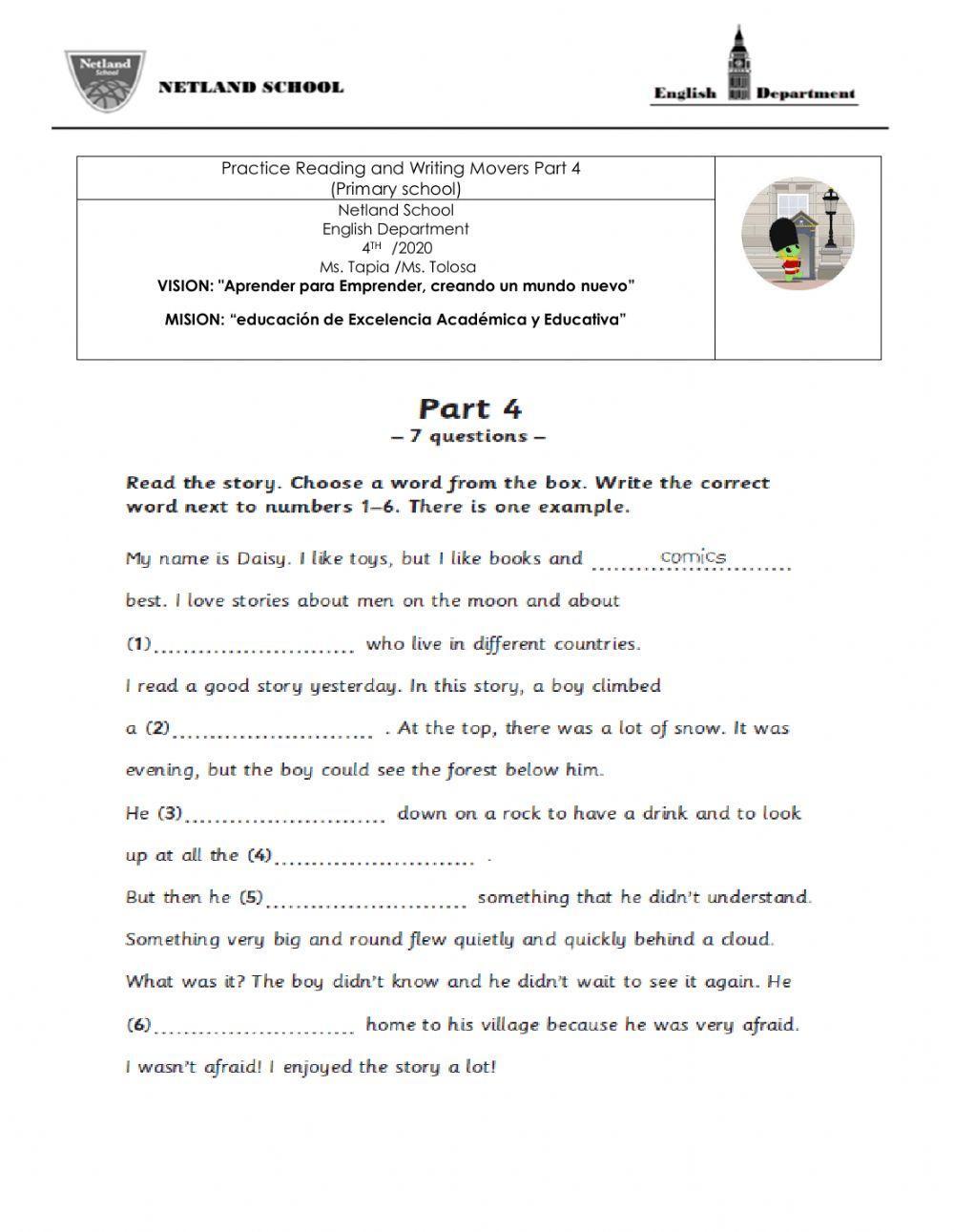 Movers reading and writing part 4