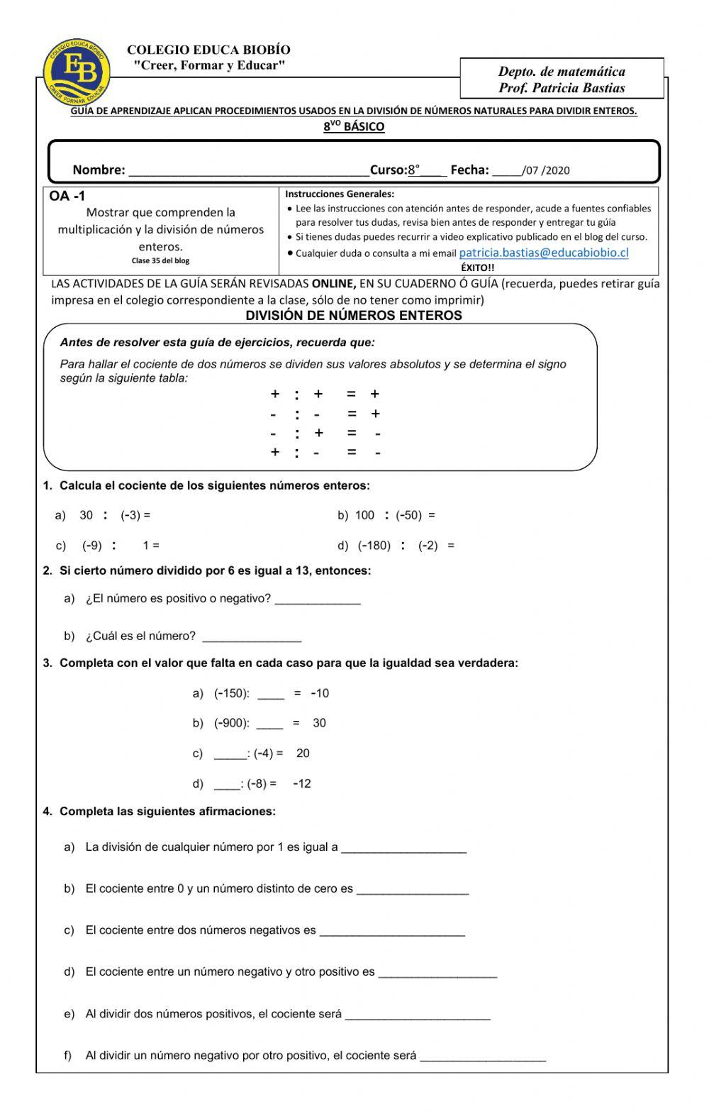 Clase 35 8° Aplican procedimientos usados en la división de números naturales para dividir enteros..doc