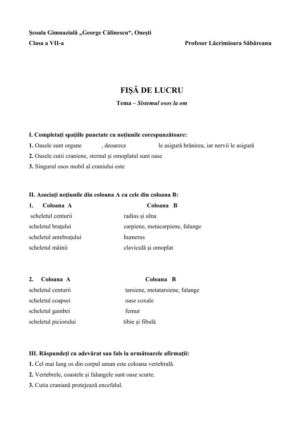 Fisa de lucru - Sistemul osos la om