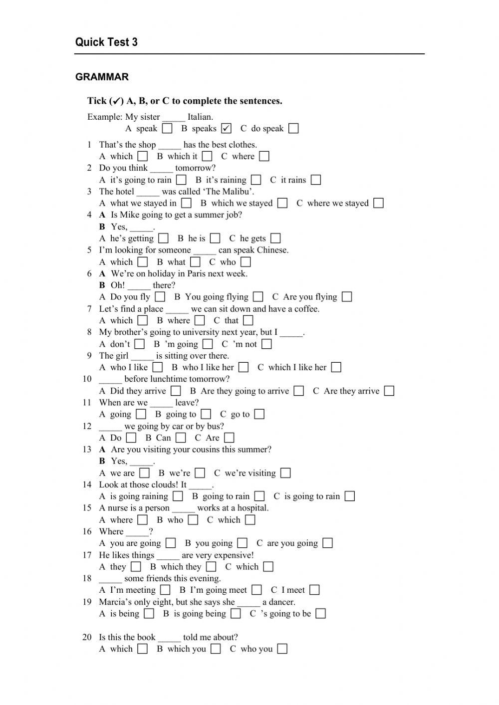 Quick test english file pre int