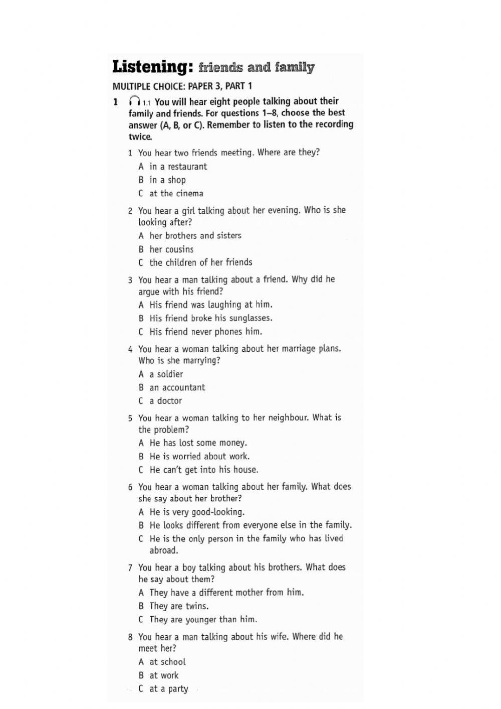 Vocabulary, Grammar and Listening