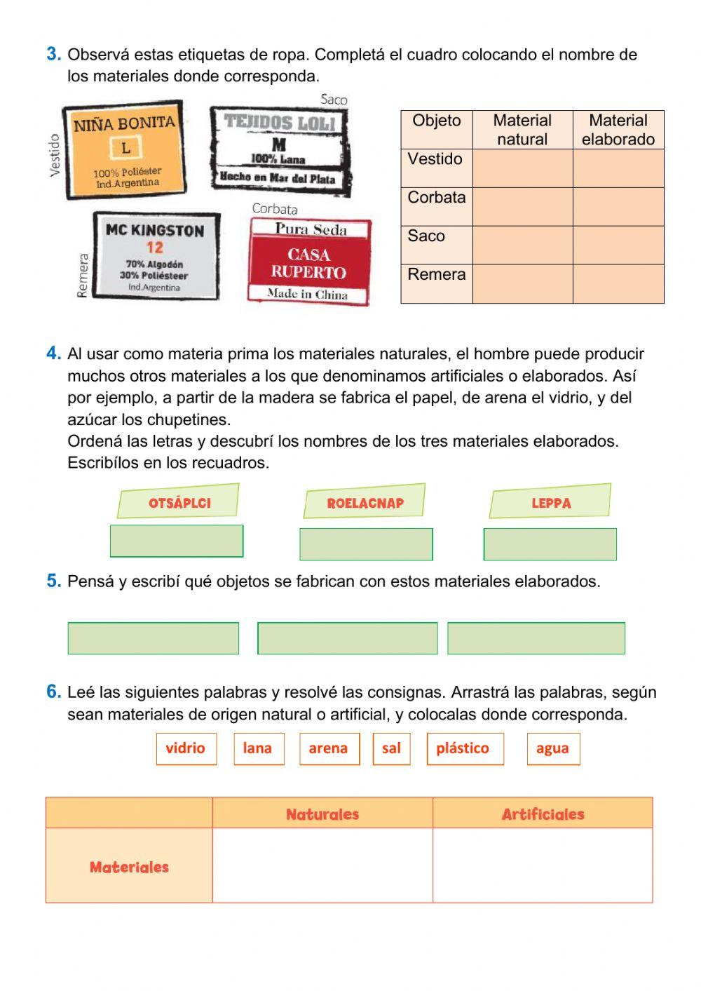 Materiales naturales, artificiales y elaborados