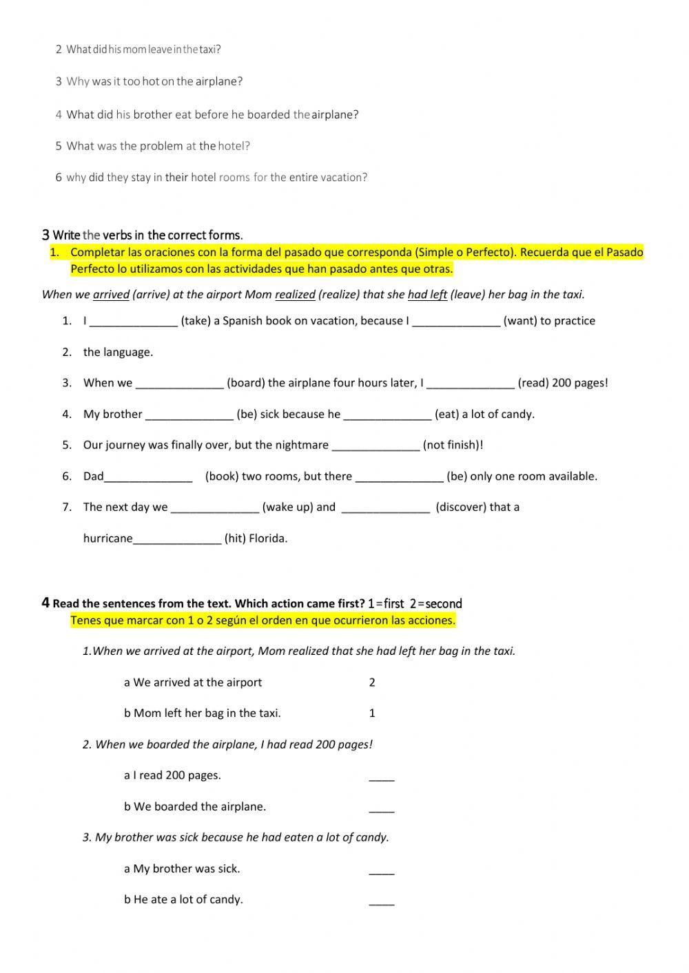 Reading comprehension Past Perfect