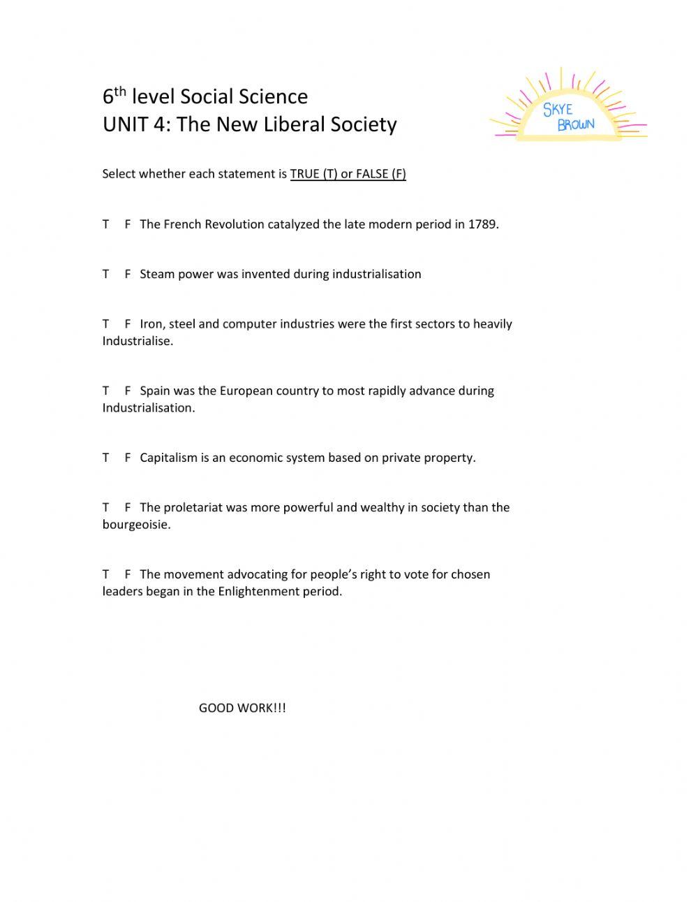 6th Level Social Science Unit 4: The New Liberal Society