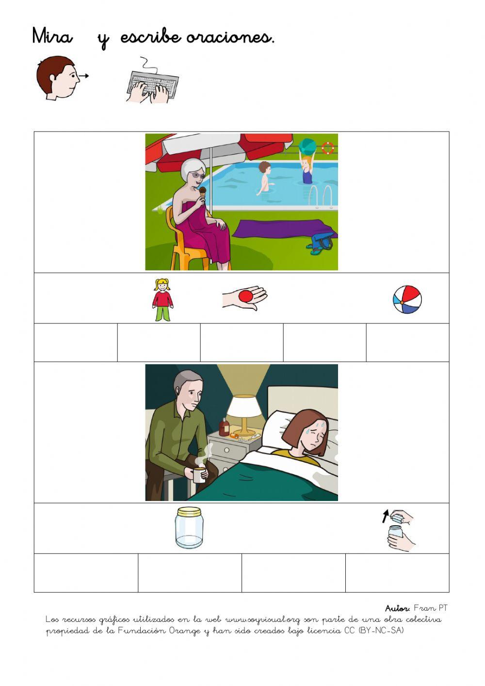 Escribir oraciones con la ayuda de pictogramas.