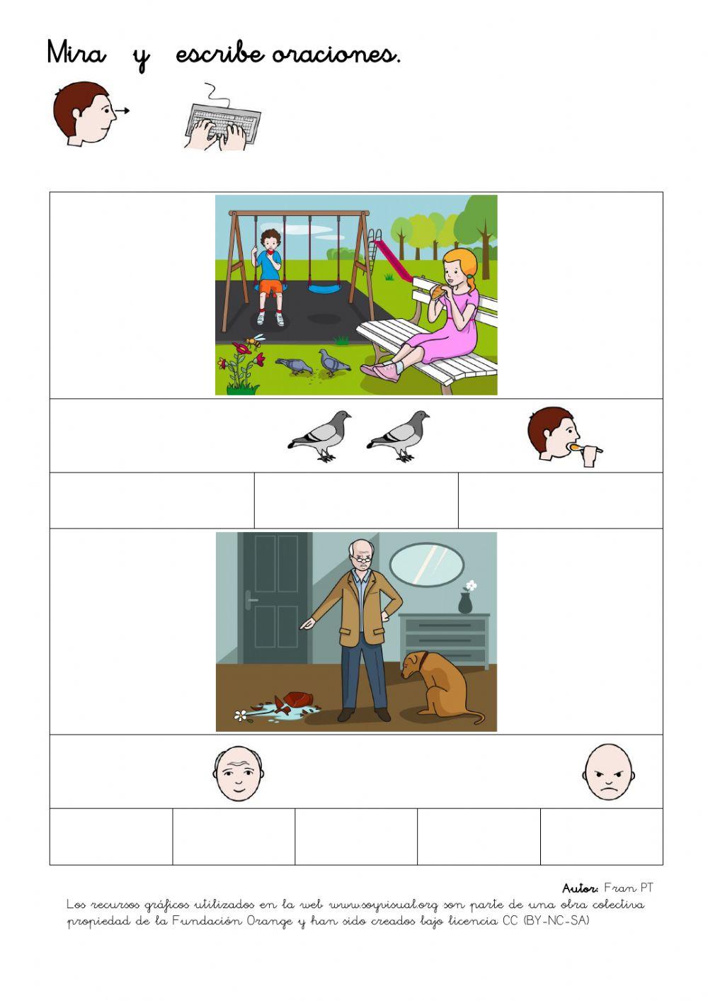 Escribir oraciones con la ayuda de pictogramas.
