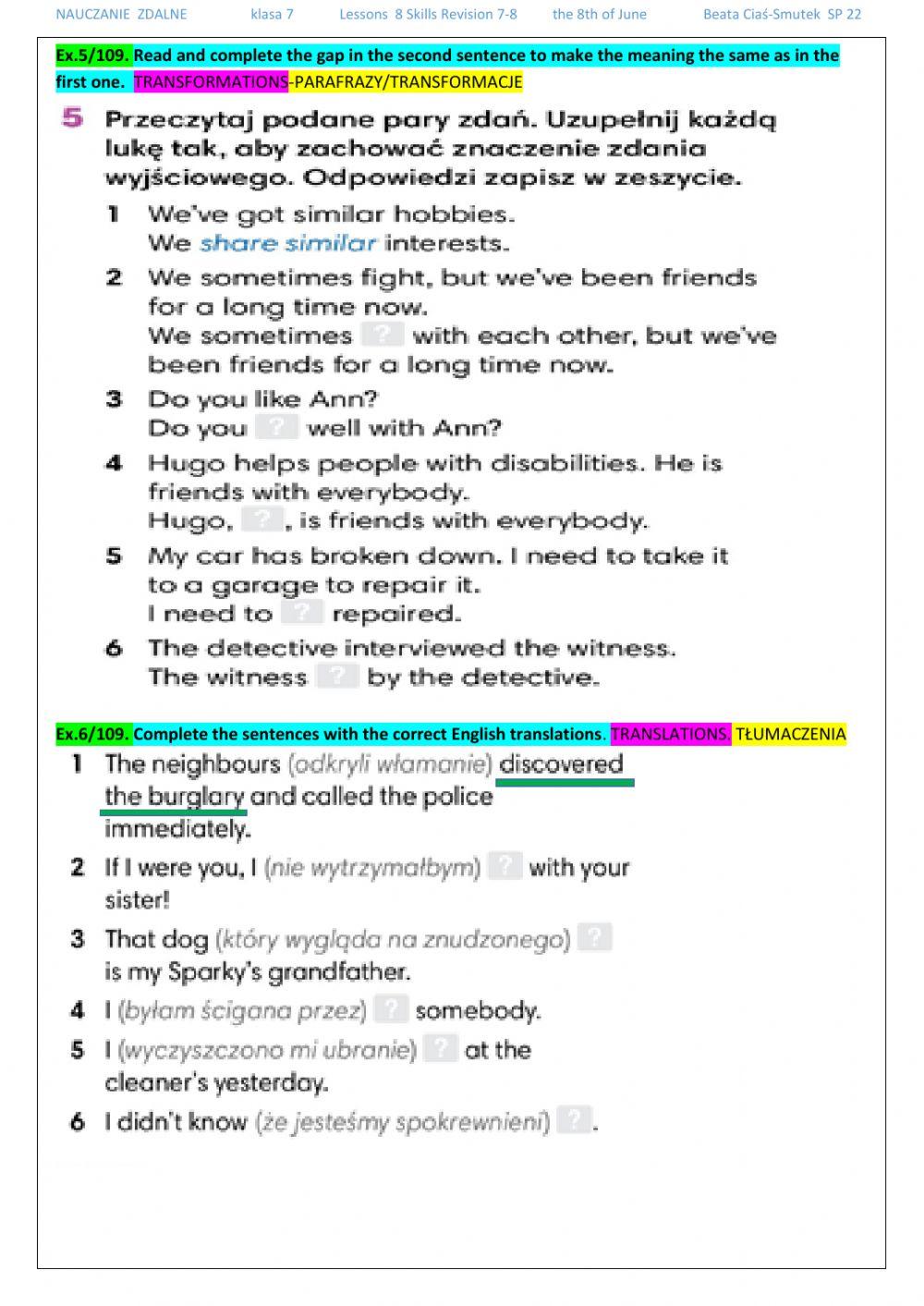 klasa 7 lesson 8 Skills Revision 7-8
