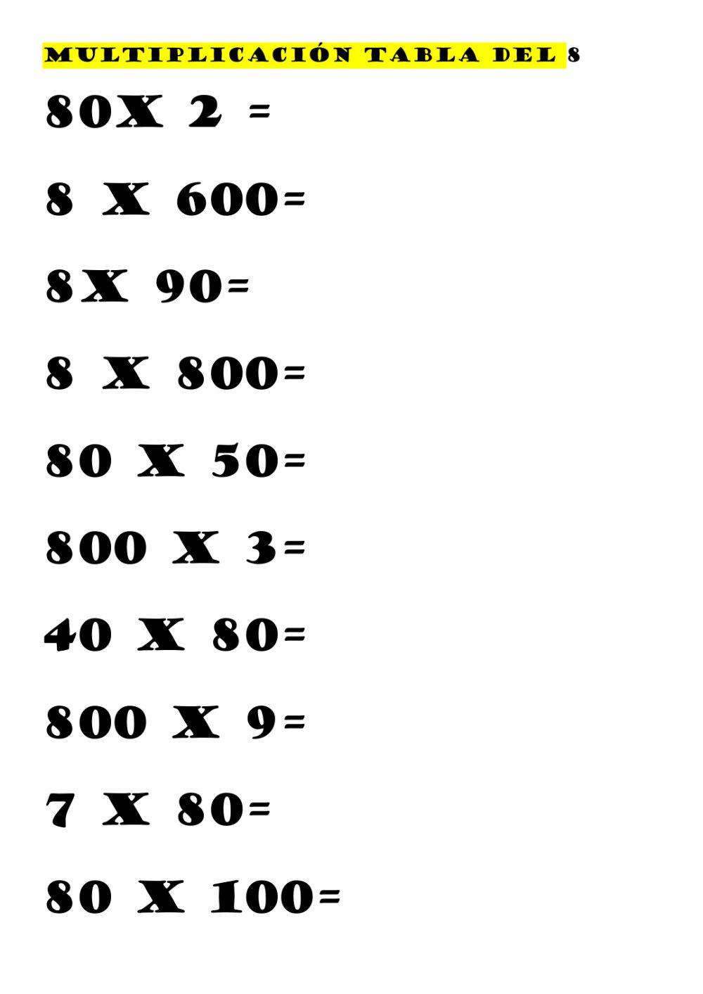 Tabla del 8 extendida worksheet Live Worksheets