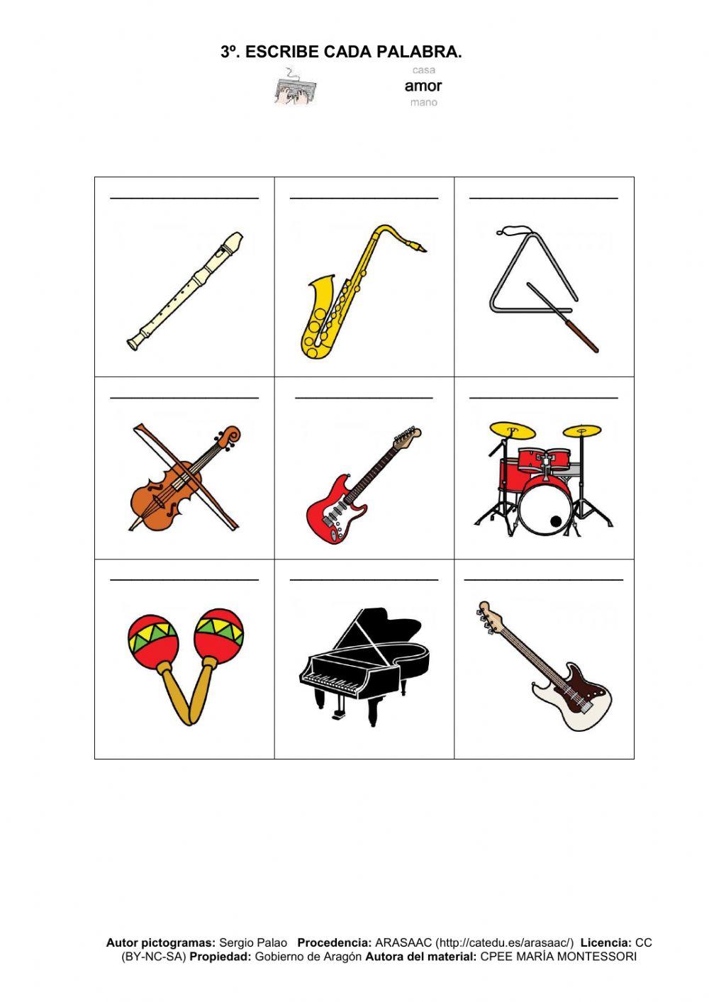 Aprendemos vocabulario de instrumentos. Escribe sus nombres. Ficha 3.