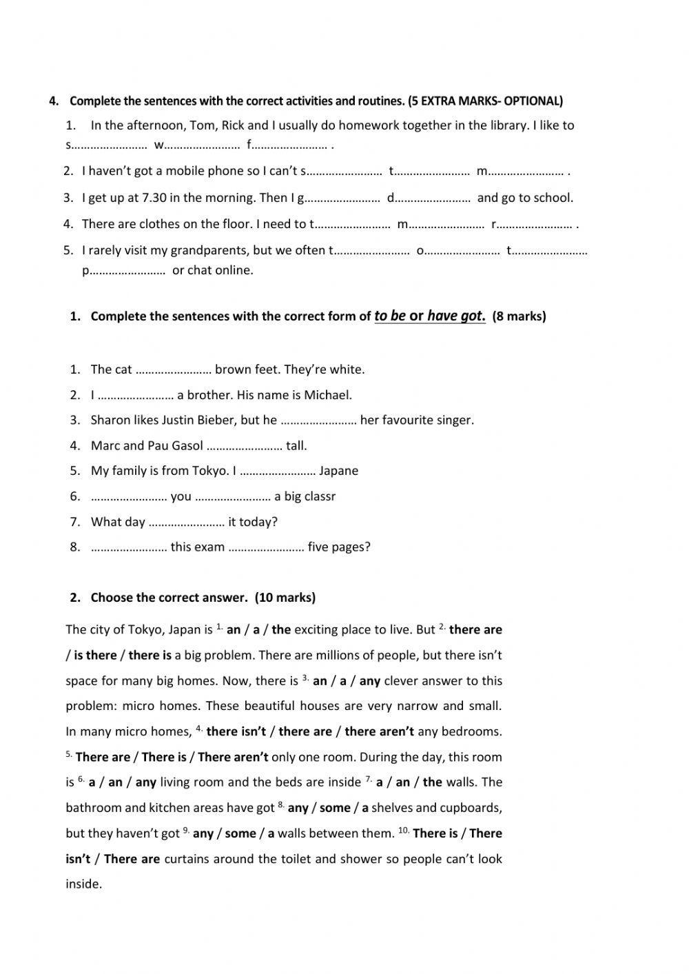 1º ESO GRAMMAR AND VOCABULARY EXAM