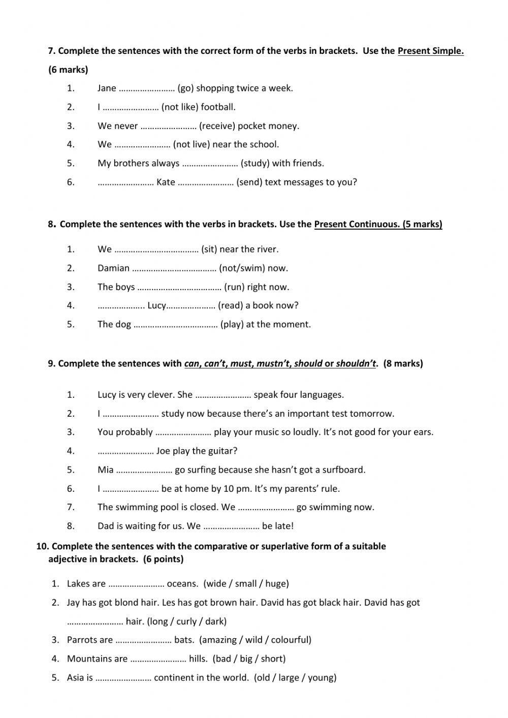 1º ESO GRAMMAR AND VOCABULARY EXAM