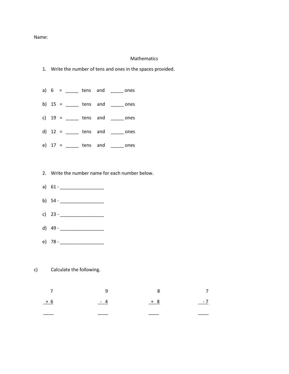Worksheet (Number Names, Tens and Ones, Calculations)