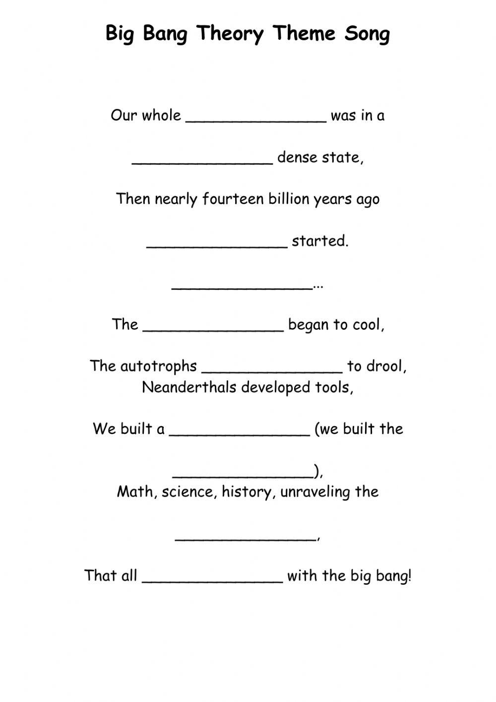 The big bang theory lyrics online exercise for Live Worksheets