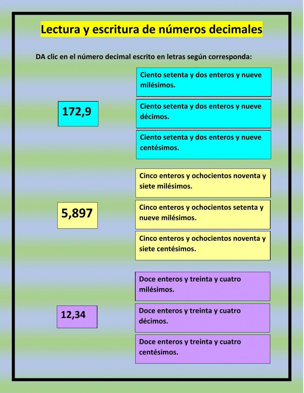 Lectura y escritura de números decimales