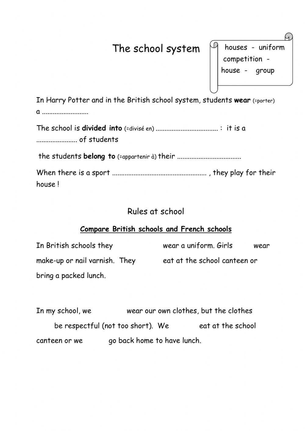 Compare Rules at Hogwarts and in france - MUST - MUSTN'T - CAN