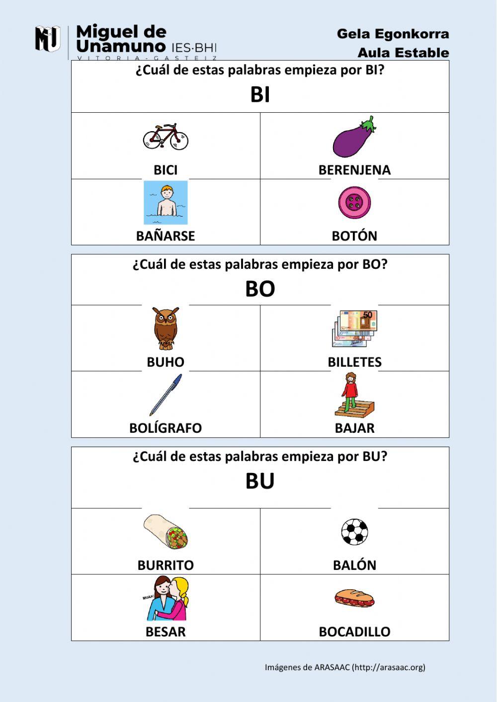 La B 2: Elige la que empieza por la sílaba…