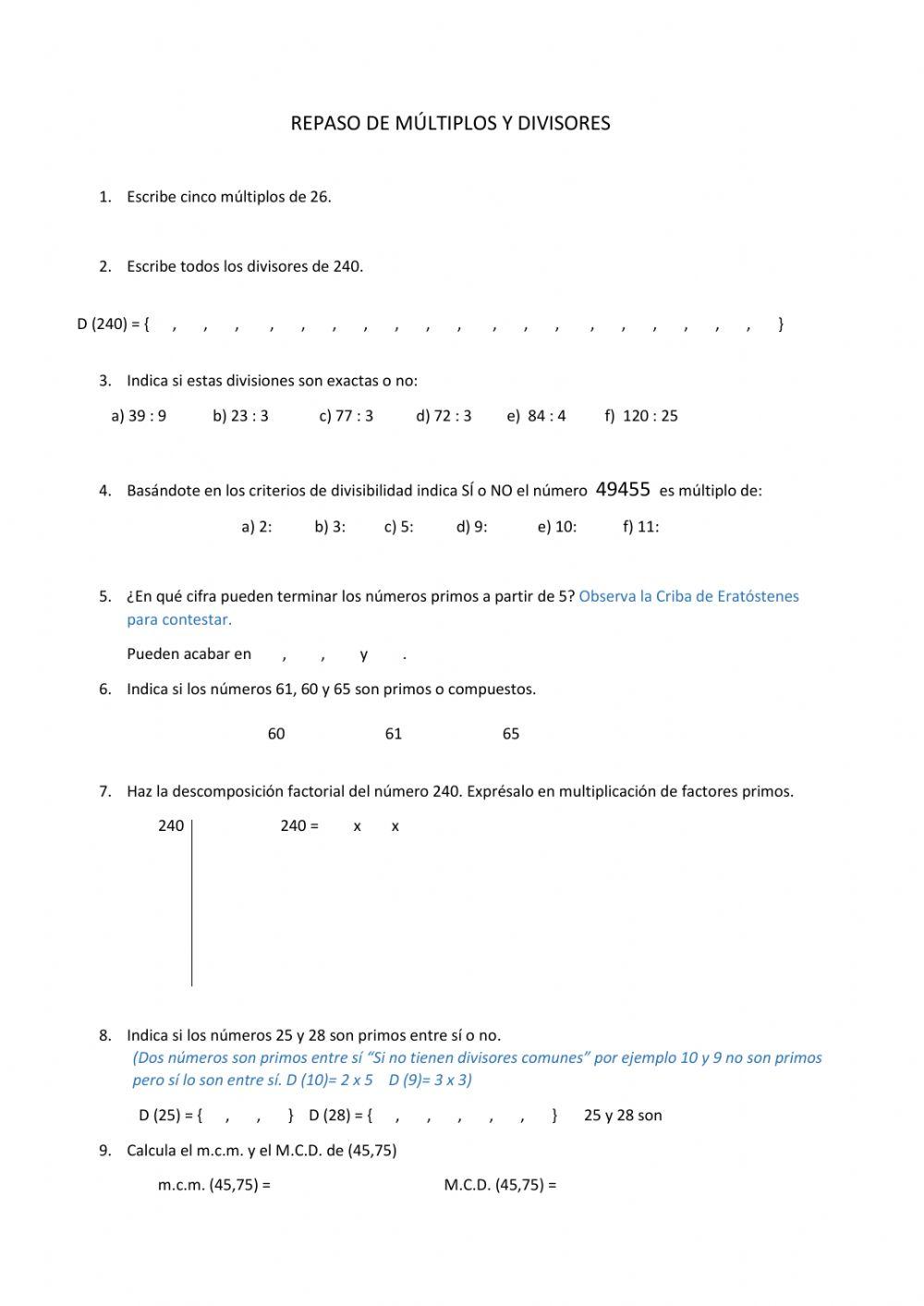 Múltiplos y divisores