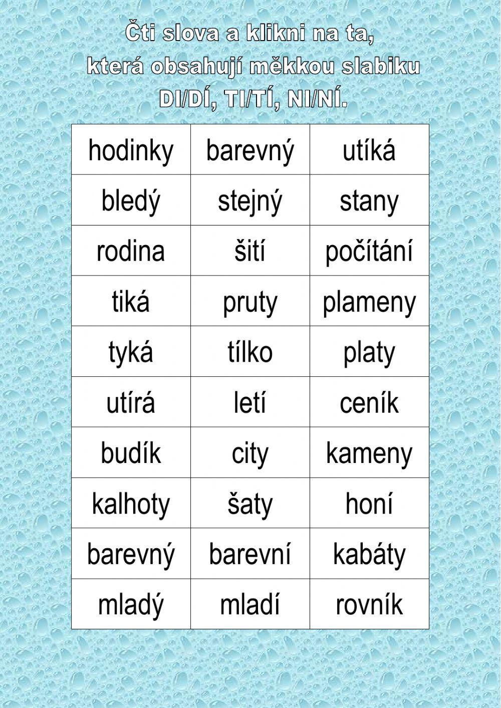 Čtení slov se slabikami di-dy, ti-ty, ni-ny worksheet | Live Worksheets