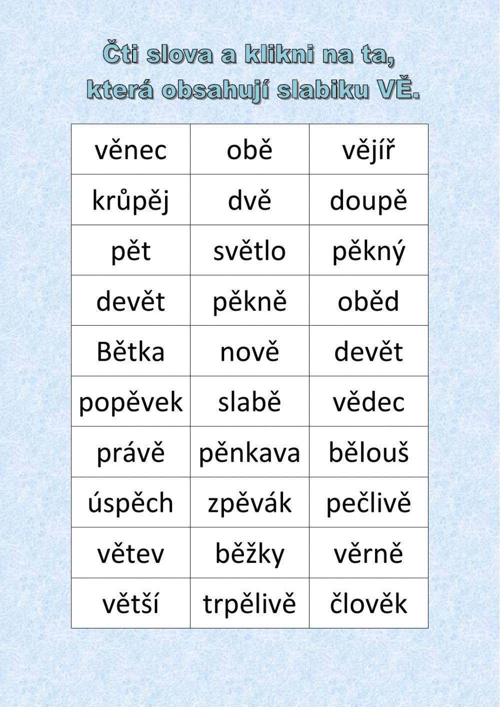 Čtení slov se slabikami bě-pě-vě