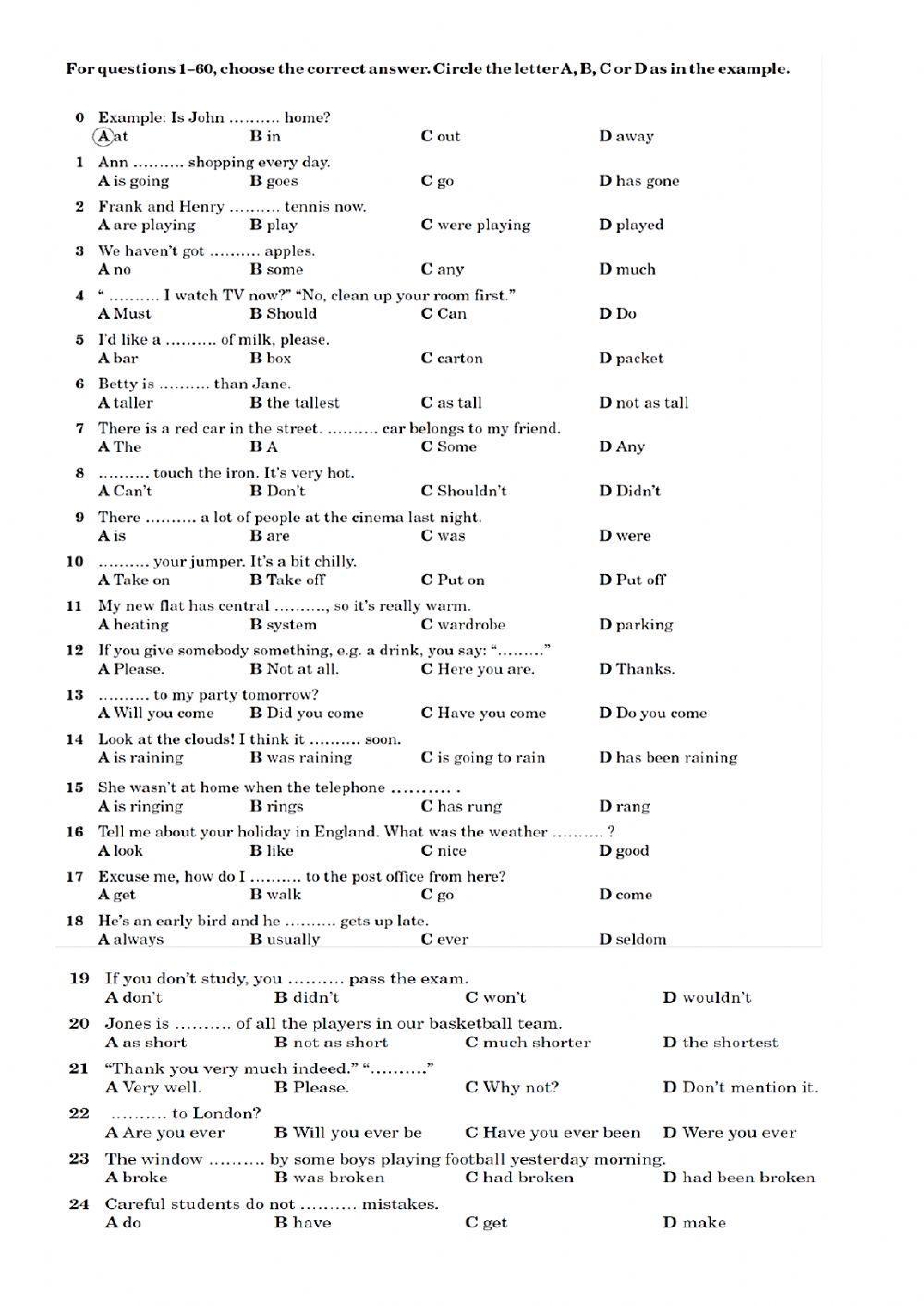 TEST grammar and  vocabulary